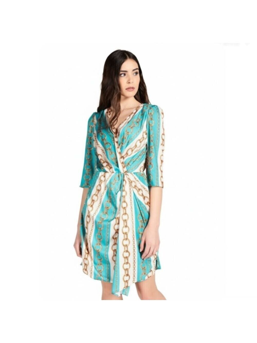*Rinascimento Turquoise & Gold Chain Print Midi Dress – Made in Italy – Size M
